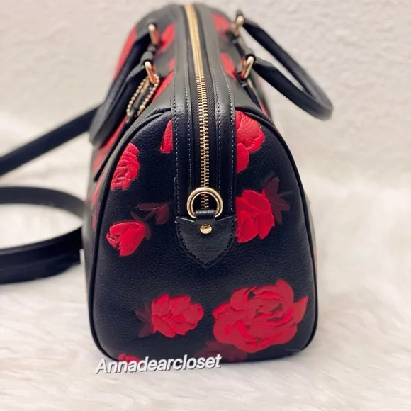 Coach Rowan Large Satchel Bag With Floral Print CCE27 in Black/Red - Picture 10 of 15